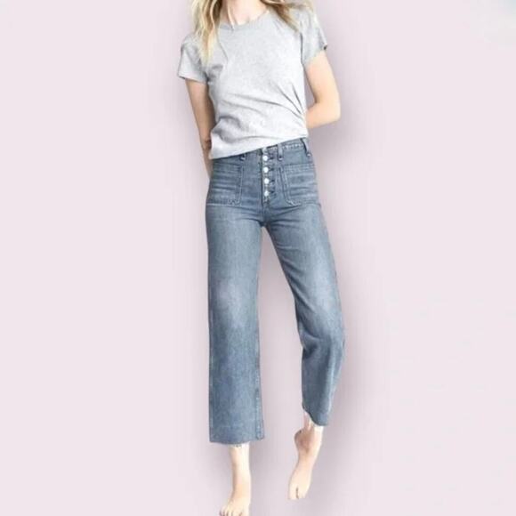 Rag & Bone Ruth Super High-Rise Straight Leg Jeans - Raw Hem - Blue Denim - 27 - Picture 1 of 7